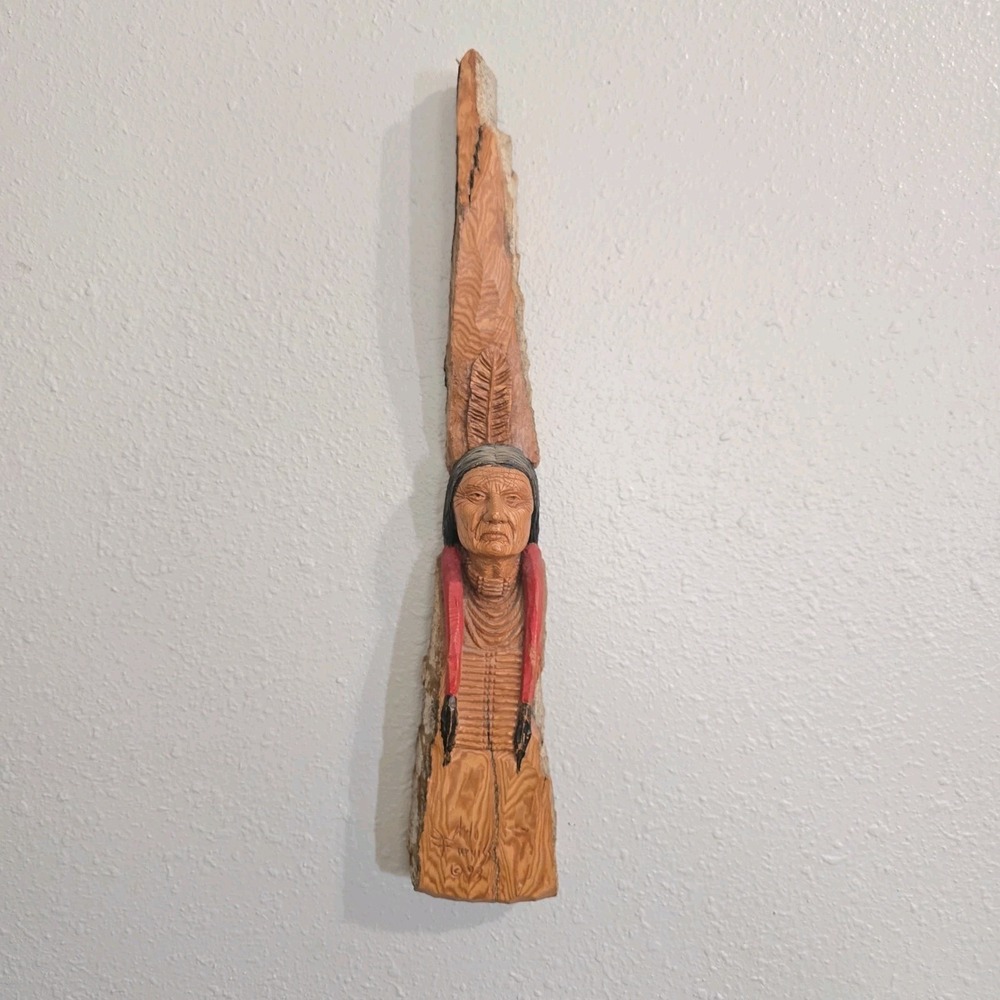 Arlo Furniss Hand-carved Wooden Native American Face‎ Signed '93 Wall Hanging